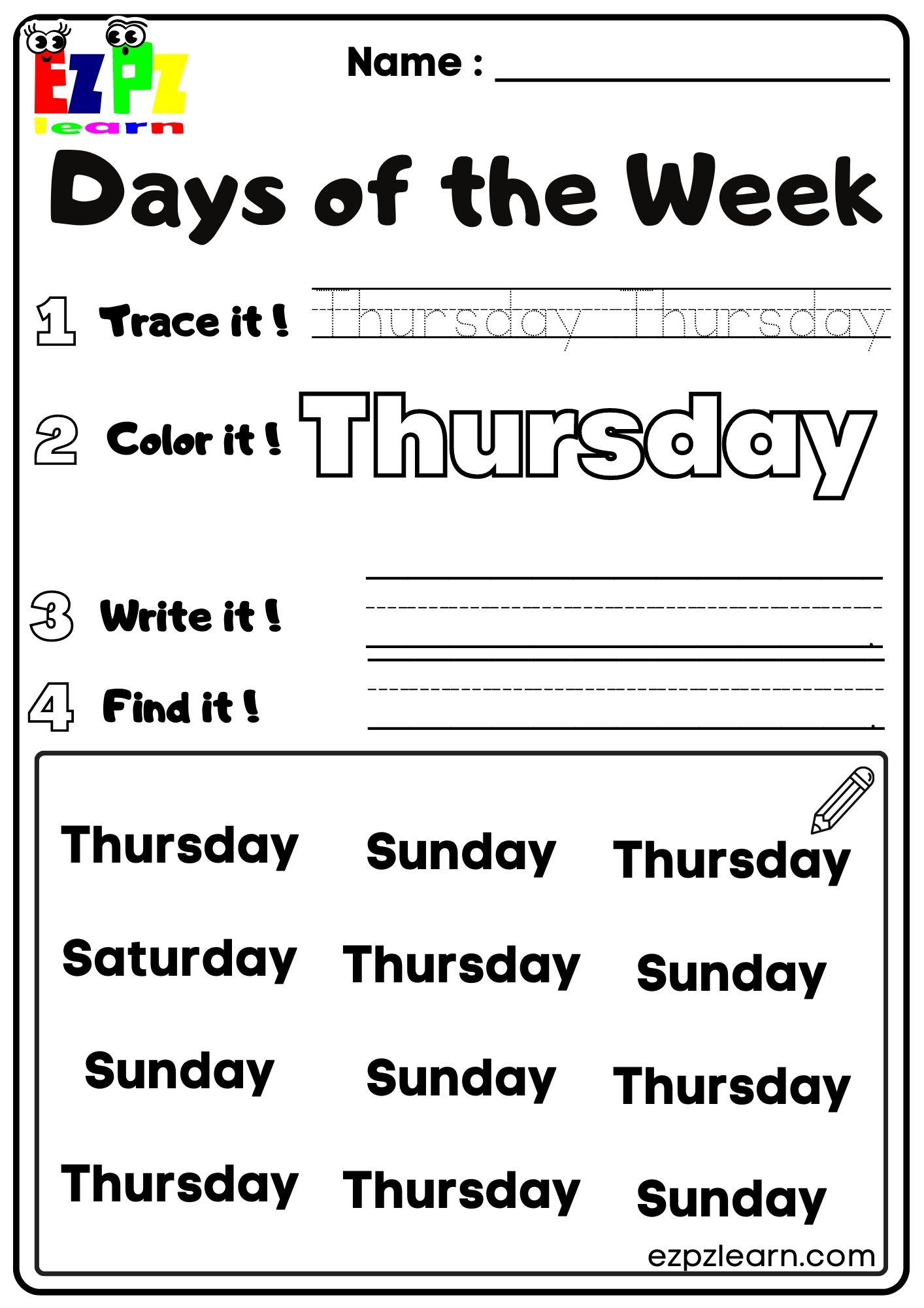 Thursday Days of the Week Kids Activity